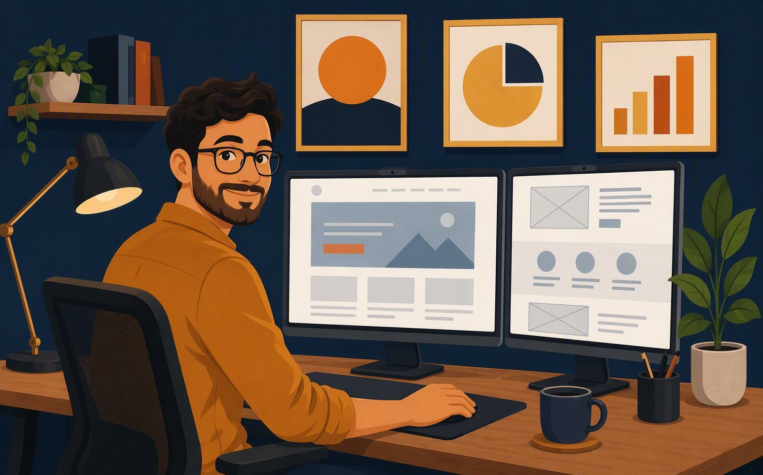 Illustration of the LandingUK designer at work on a landing page wireframe